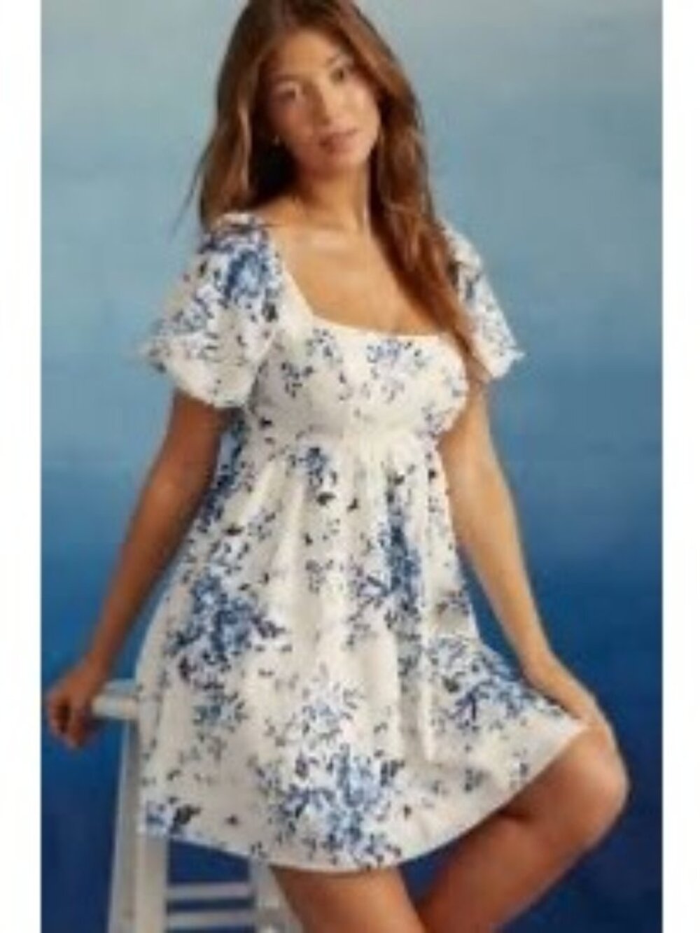 Altar'd State Ivory Blue Floral Print Babydoll Mini Dress Size L Puff Sleeves